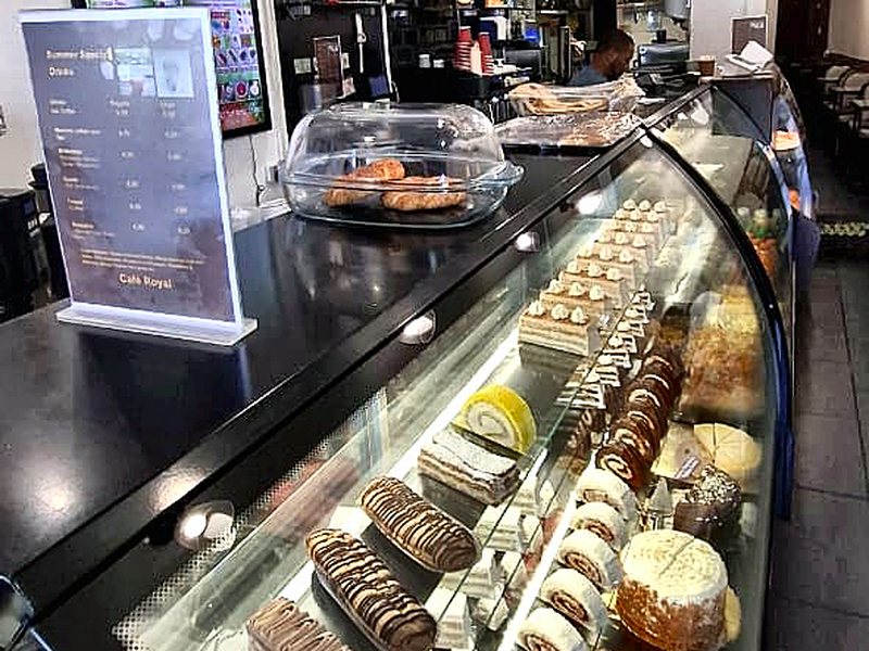 Looking down the cake counter at Cafe Royal