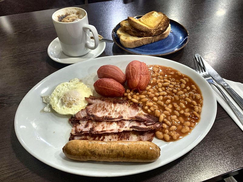 A full English breakfast at Cafe Royal, with a coffee and toast on the side