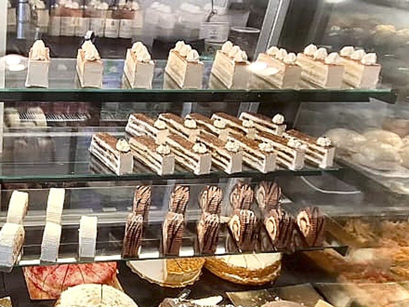 Cream slices and cake rolls on the Cafe Royal cake counter